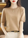 Women's Short-Sleeve Knit O-Neck Pullover - Wool-Cotton Blend Lightweight Summer Top