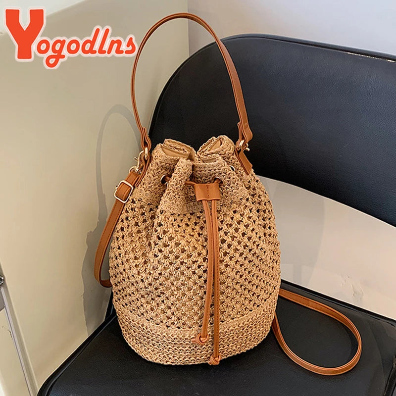 Braided Straw Bucket Bag for Women - Drawstring Shoulder & Crossbody Beach Travel Woven Handbag