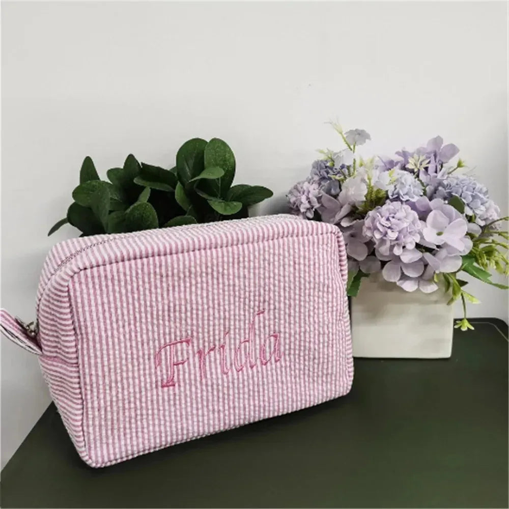 Personalized Seersucker Makeup Bag - Embroidered Cosmetic Pouch, Custom Toiletry Bag for Bridesmaids & Travel