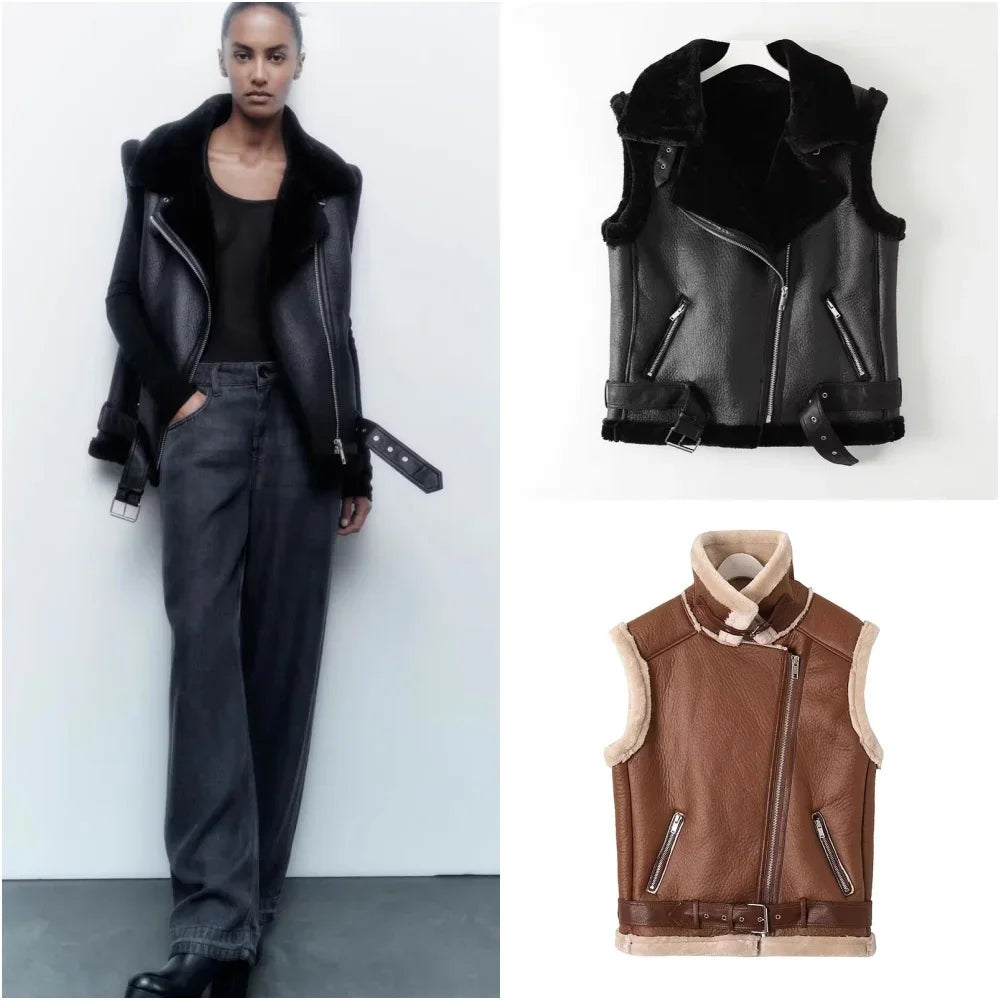 Women's Faux Leather Vest with Faux Fur Lining — Sleeveless Zip-Up Waistcoat, Warm Autumn/Winter Motorcycle Style