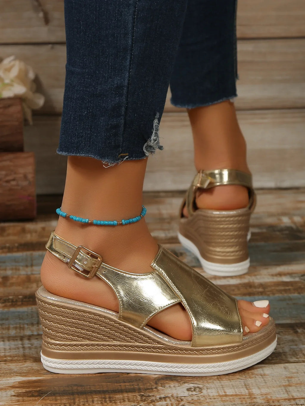 Women's Patent Leather Peep Toe Wedge Sandals – Buckle Strap Platform Heels (Gold, Silver, Black)