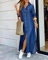 Women's Plaid Polo Shirt Dress — Ankle-Length Long Sleeve Button Front with Pockets, Loose Casual