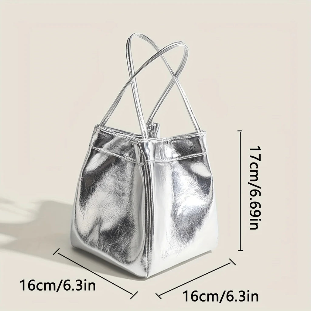 Sparkling Silver Mini Drawstring Bucket Bag - PU Sparkling Handbag with Matching Wallet
