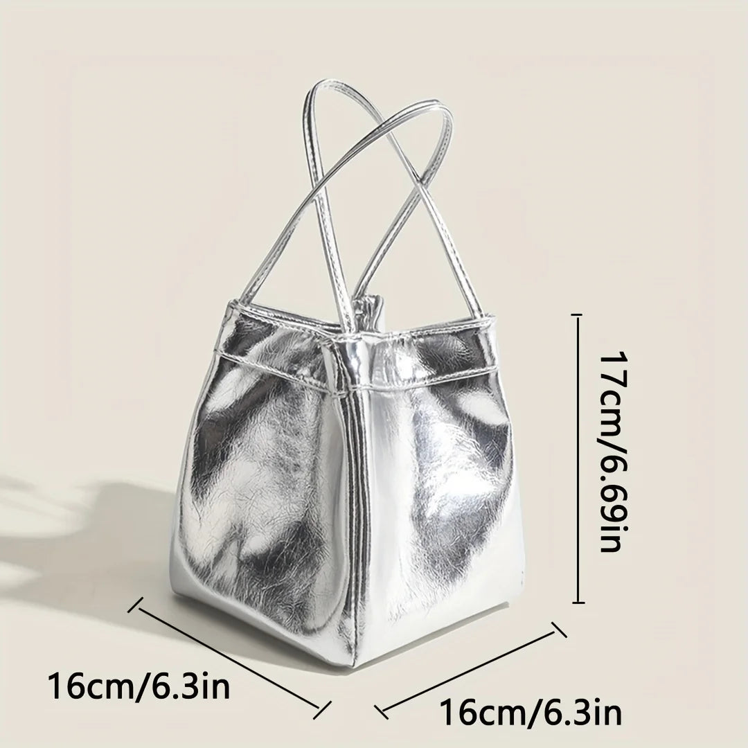 Sparkling Silver Mini Drawstring Bucket Bag - PU Sparkling Handbag with Matching Wallet