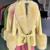 YOLOAgain Women's Genuine Sheepskin Leather Jacket with Real Fox Fur Detachable Collar & Sleeves - Belted Pockets, Autumn/Winter