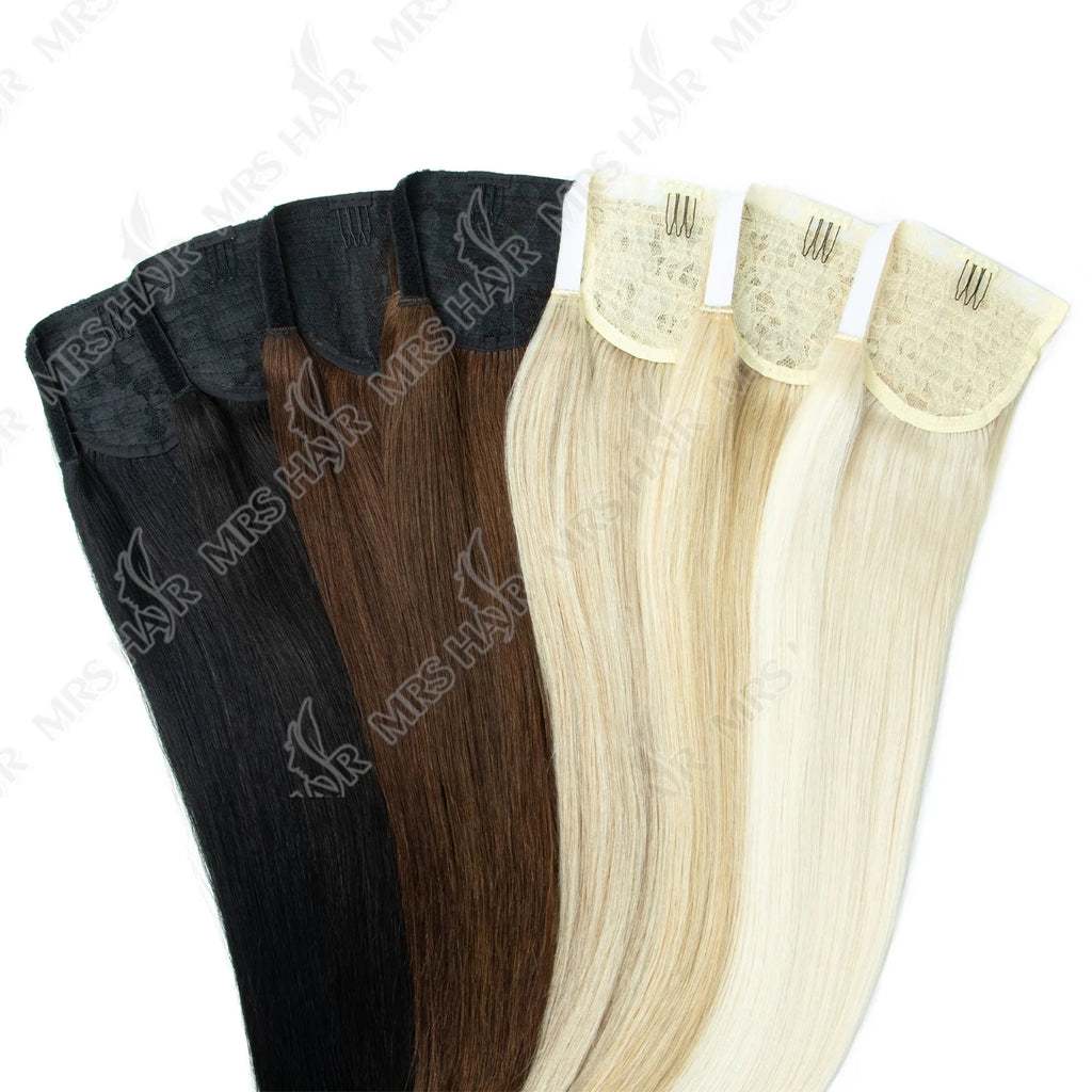 MRSHAIR 100% Remy Human Hair Clip-In Wrap-Around Ponytail Extension Straight — Blonde, Brown, Black