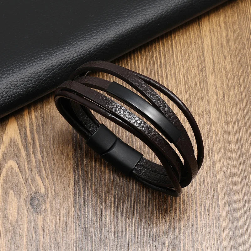 Men's Multilayer Braided Leather Bracelet with Magnetic Alloy Clasp - Retro Punk