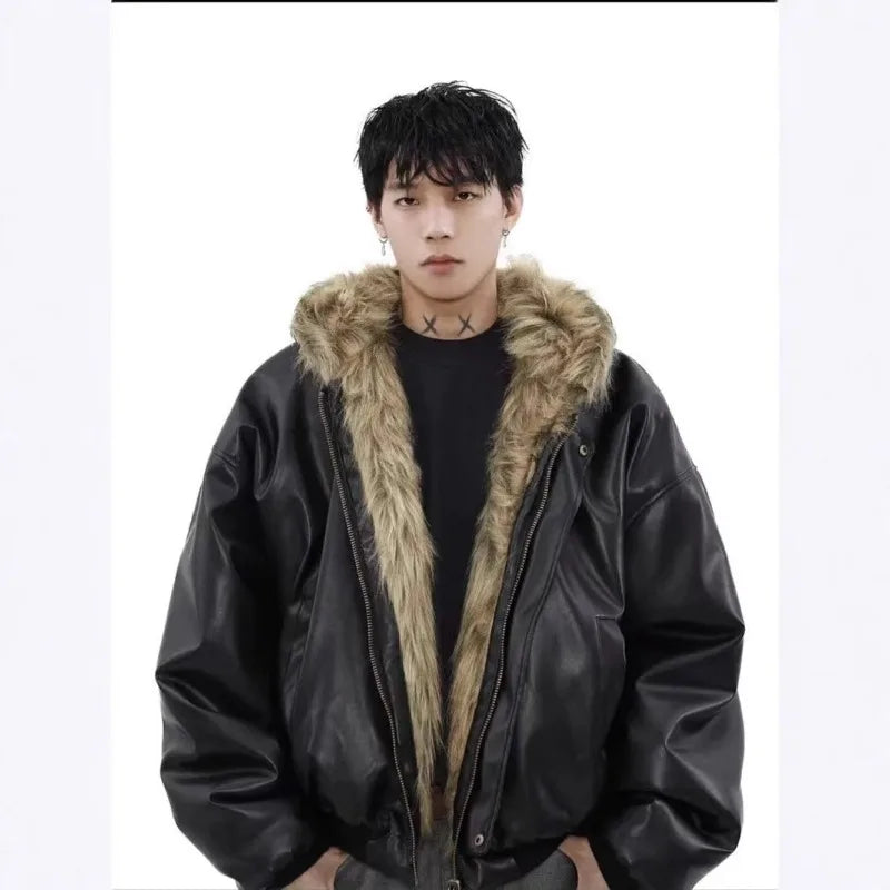 Women's Hooded Faux Fur Patchwork Coat – Short Shaggy Leather-Trim Warm Winter Jacket