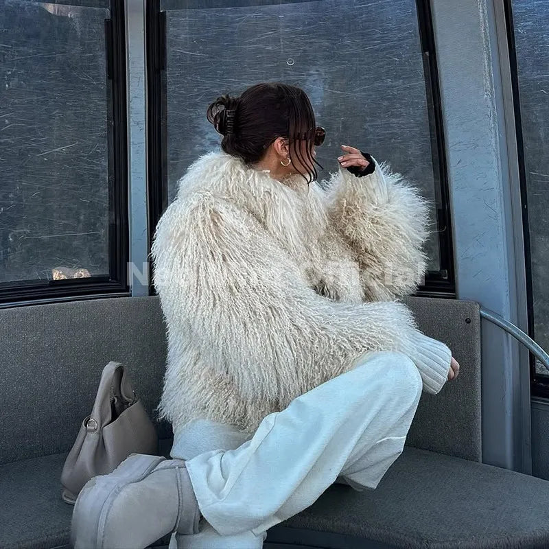Neo Mint Faux Mongolia Sheep Fur Coat for Women Fluffy Warm Chic Streetwear Outerwear