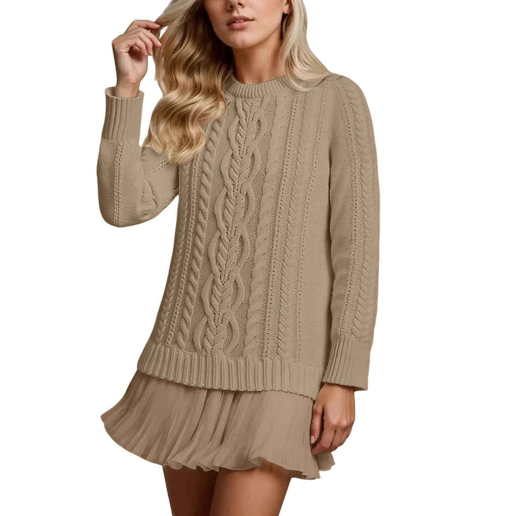 Women’s Winter Cable Knit Chiffon-Splice Round Neck Mini Dress – Casual Slim Fit