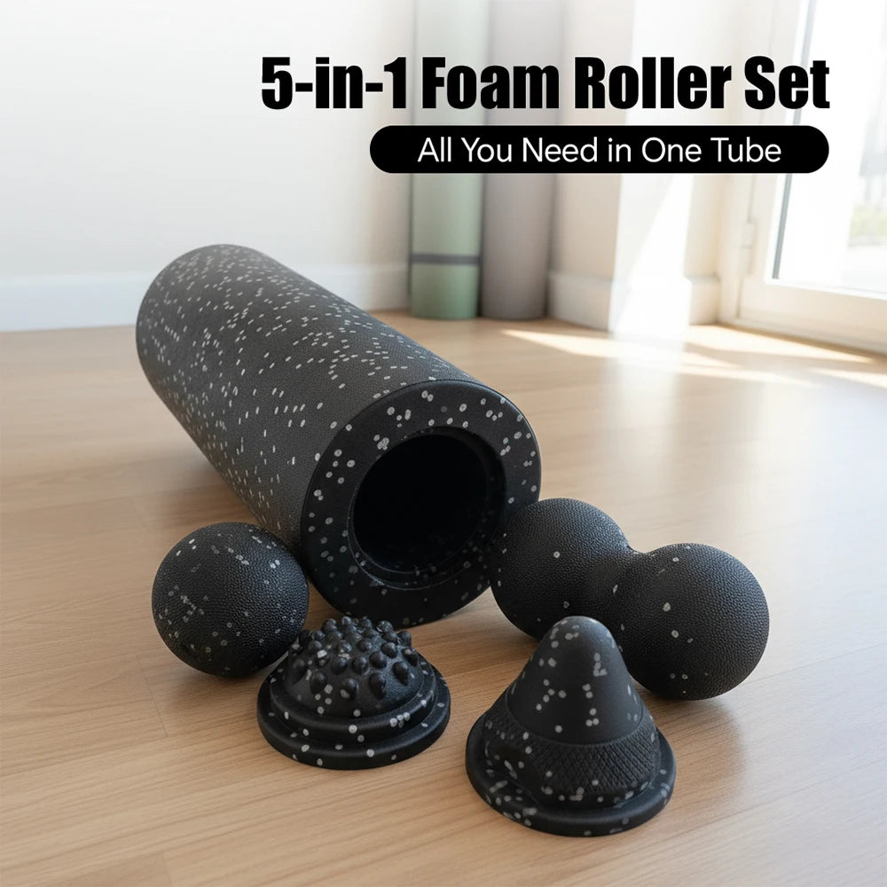 5-in-1 Foam Roller Recovery Kit - 14.6 in (37 cm) Fascia Roller with Peanut Massage Ball and Trigger Tools for Back, Neck & Legs