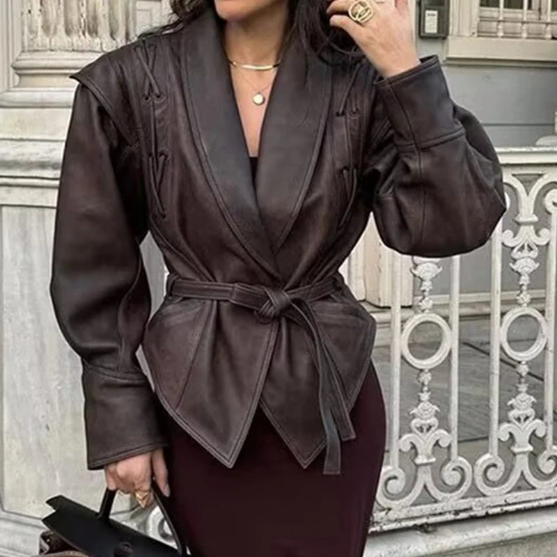Women's Faux Leather Belted Coat with Fur Trim – Streetwear Elegant Outwear
