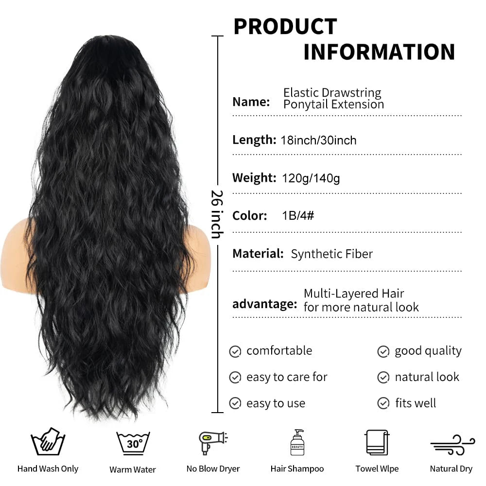 30-Inch Drawstring Curly Ponytail Extension – Long Wavy Synthetic Hairpiece for Women