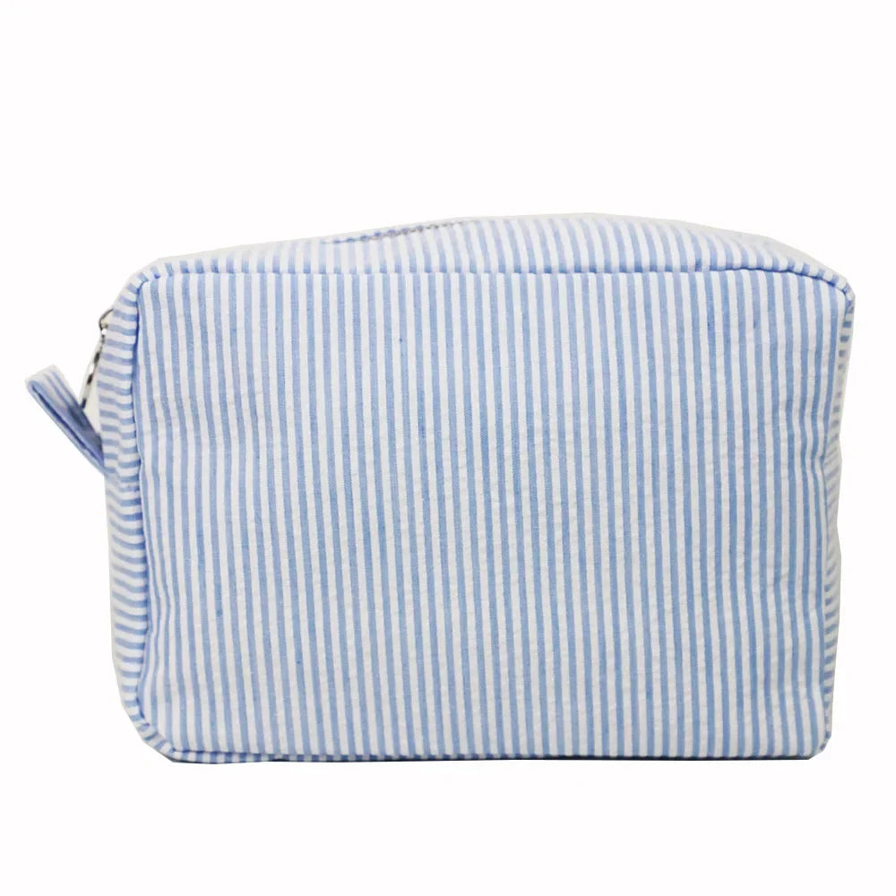 Seersucker Ruffle Makeup Bag — Pink & Purple Striped Zipper Pouch for Travel & Toiletries