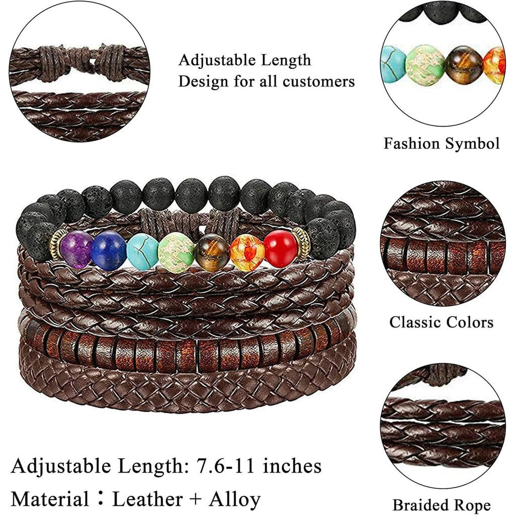 31-Piece Braided Leather & Hemp Bracelet Set for Men & Women - Wooden Bead Tribal Punk Multilayer Wristbands