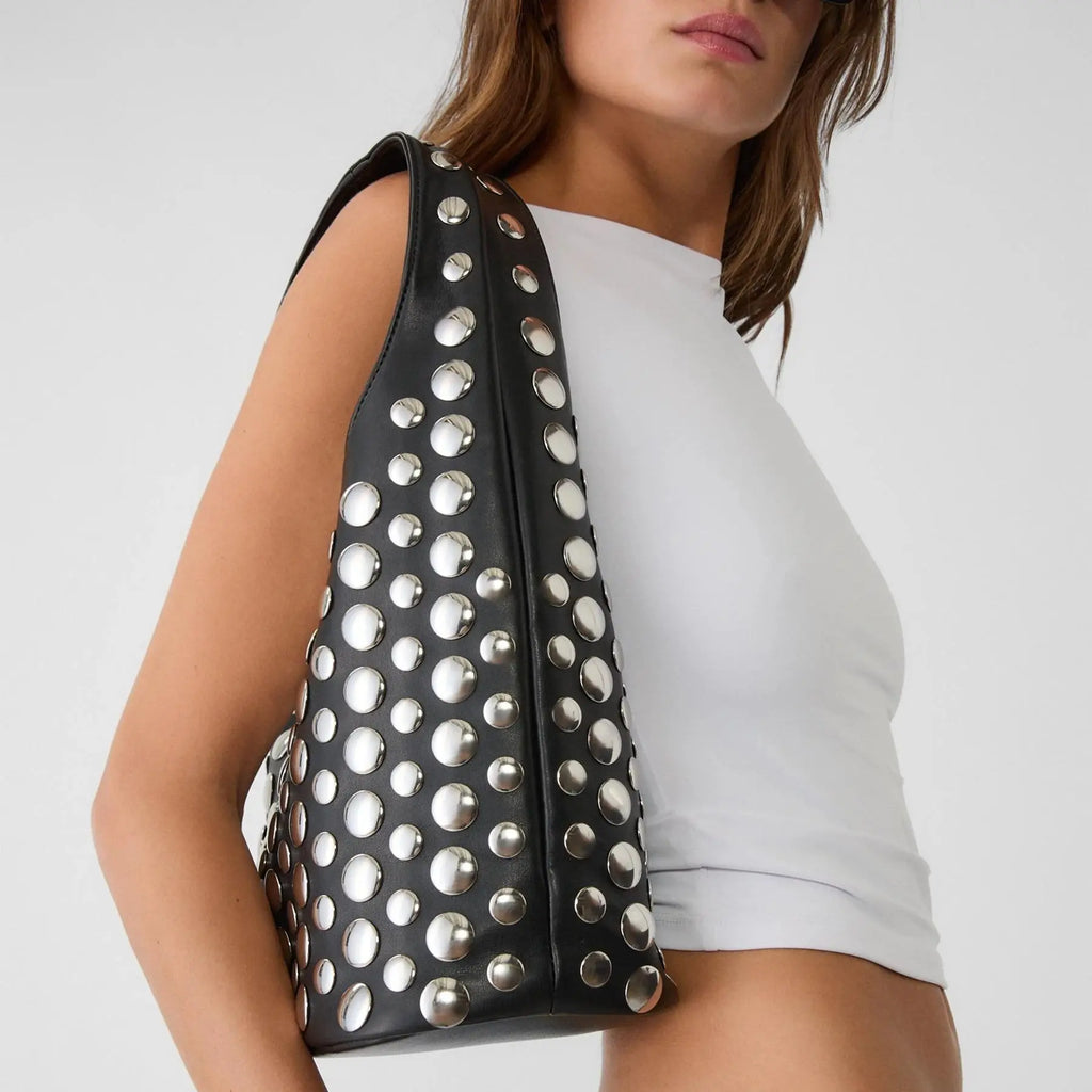 Punk Studded PU Bucket Bag – Rivet Embellished Large Capacity Shoulder Bag for Women