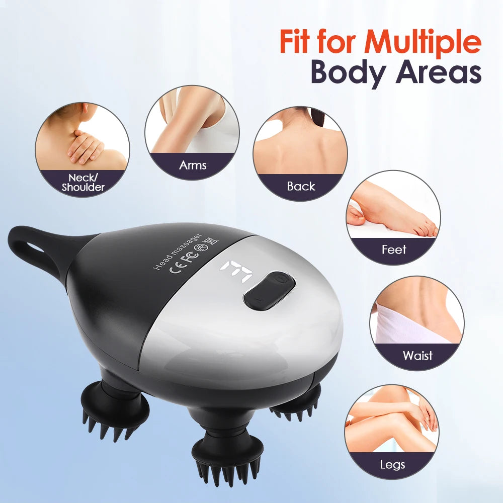 Electric Scalp Massager with 4 Kneading Heads – Rechargeable IPX7 Deep Tissue Head & Body Massager with Red Light Therapy for Hair Growth and Pet Use