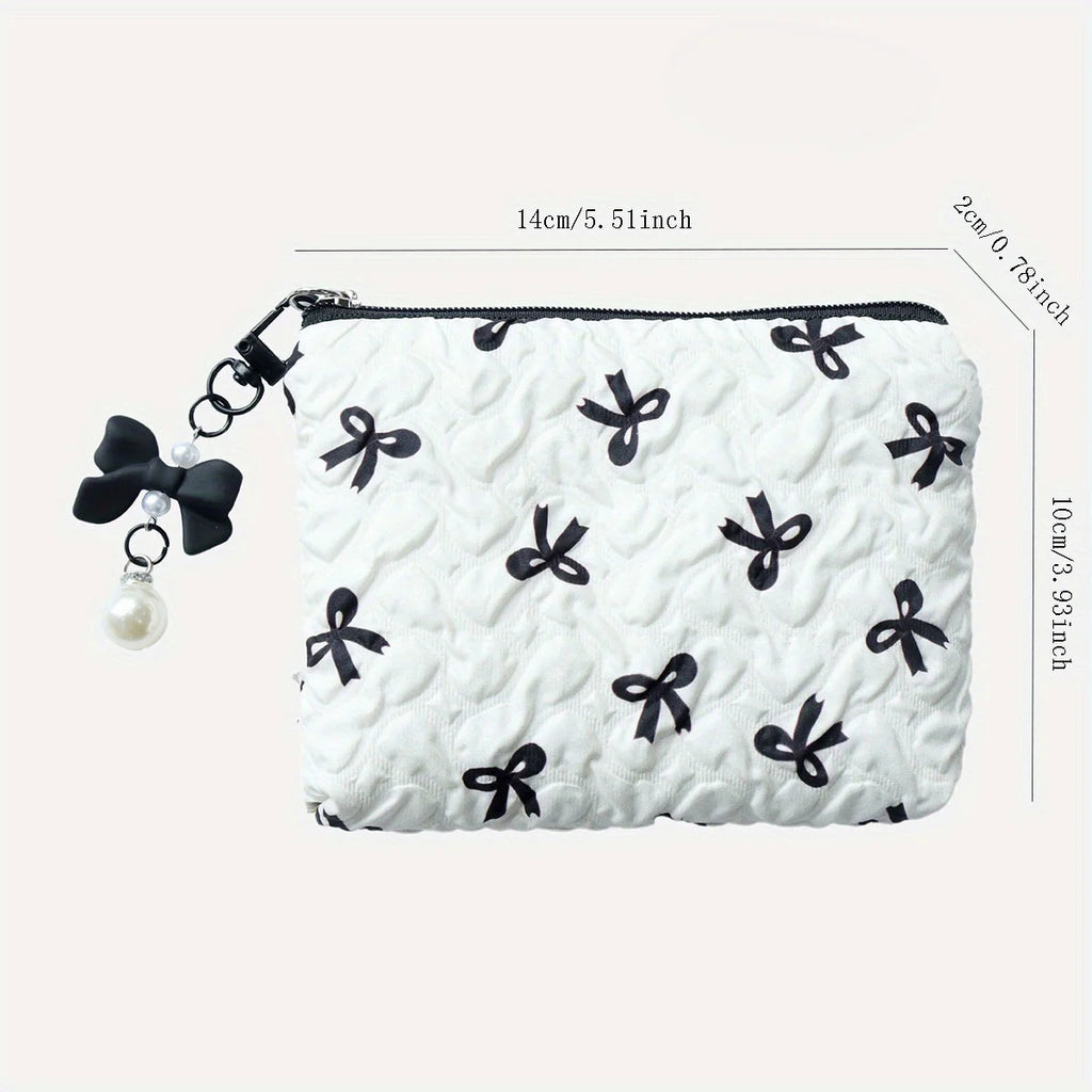 Embroidered Bow Makeup Bag – Cute Large Capacity Cosmetic Pouch & Coin Purse with Zipper
