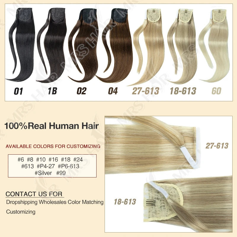 MRSHAIR 100% Remy Human Hair Clip-In Wrap-Around Ponytail Extension Straight — Blonde, Brown, Black