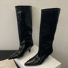 Women's Knee-High Pointed Toe Boots - Elegant Low Thin Heel Winter Slip-On PU Boots