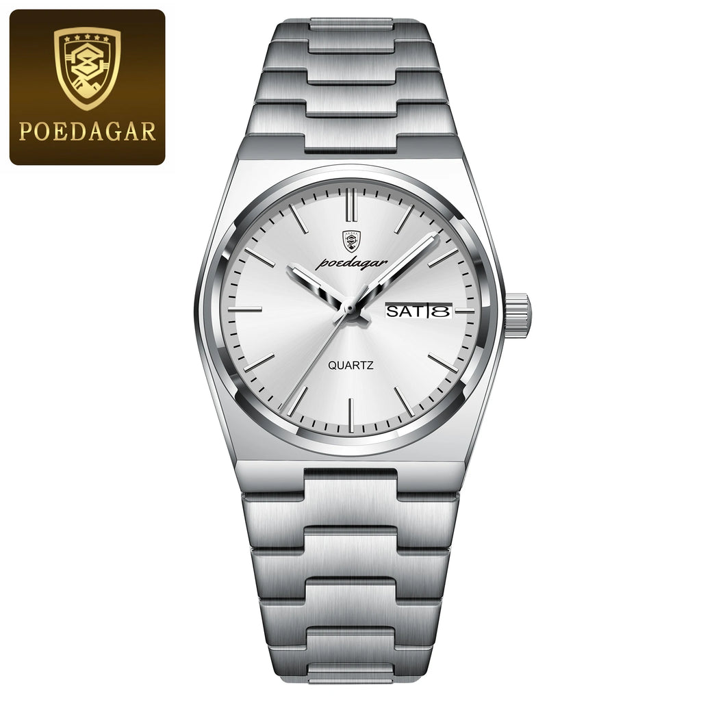 POEDAGAR Women's 35mm Stainless Steel Quartz Watch – Waterproof 3ATM, Luminous Hands, Date & Week Display