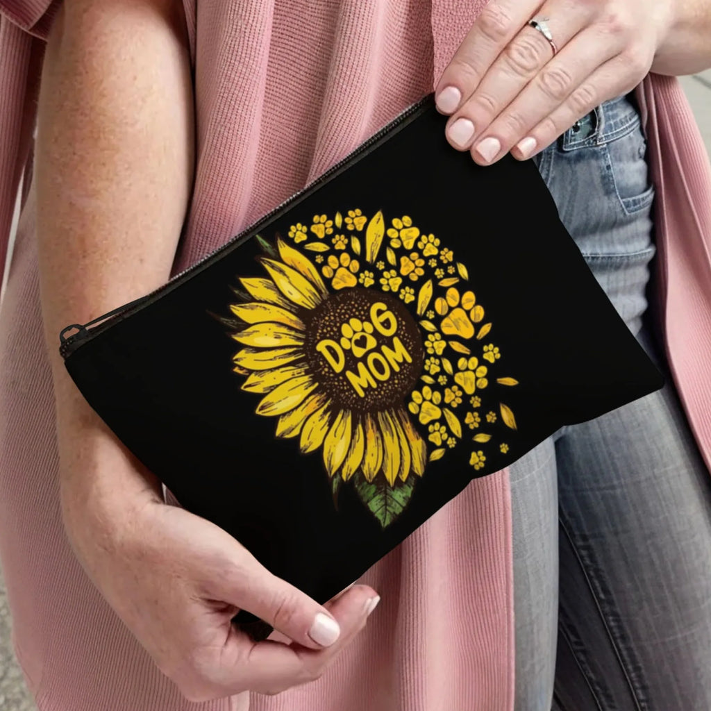 Dog Mom Sunflower Makeup Bag – Large Capacity Portable Toiletry Pouch & Pet Toy Organizer, Polyester Cosmetic Case