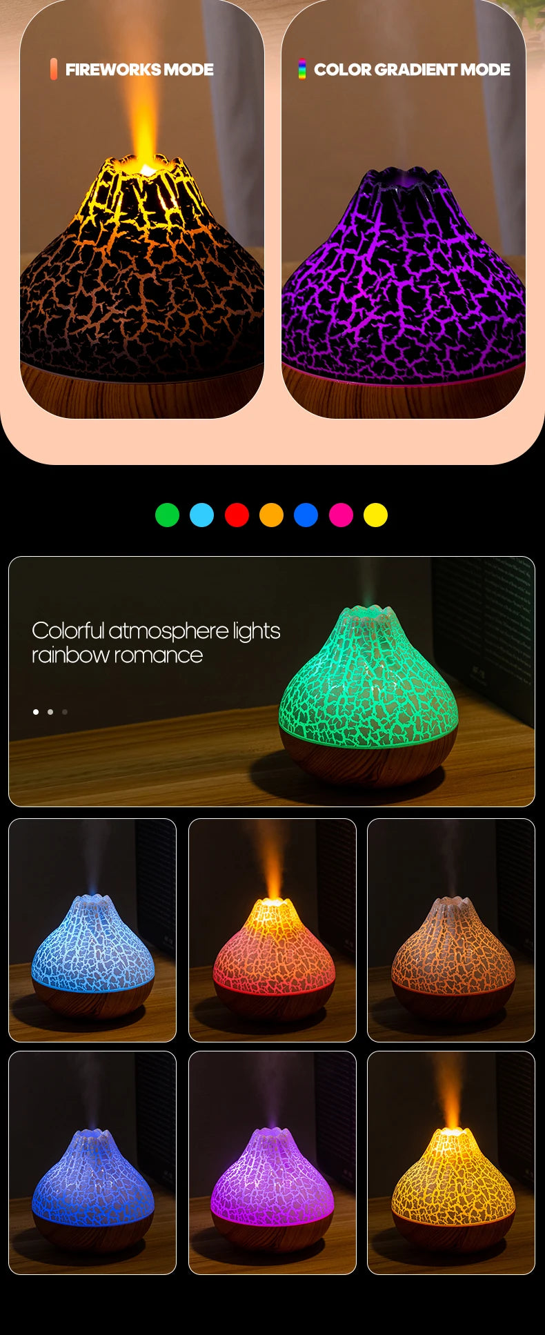300ml USB Ultrasonic Volcano Air Humidifier Desktop Diffuser with 7-Color Night Light