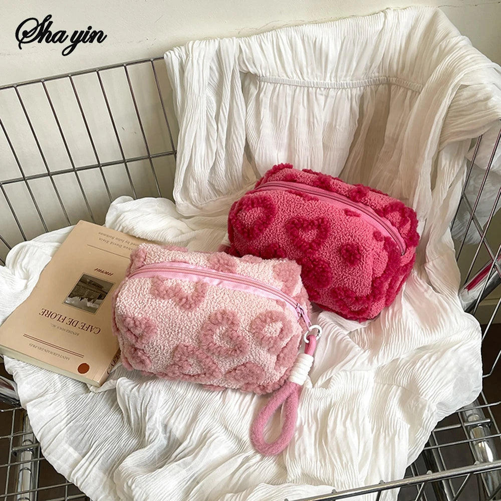 Plush Travel Makeup Bag with Handle, Soft Love-Print Cosmetic Organizer Pouch