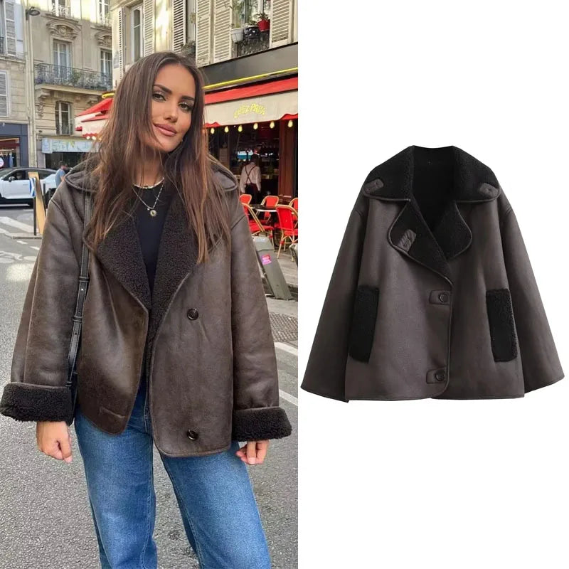 Faux Leather Jacket for Women Plush-Lined Single-Breasted Autumn Winter Warm Coat
