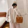 Women's Stand Collar Faux Fur Patchwork Jacket, Short Leather-Style Outerwear, Long Sleeve Autumn Winter Coat