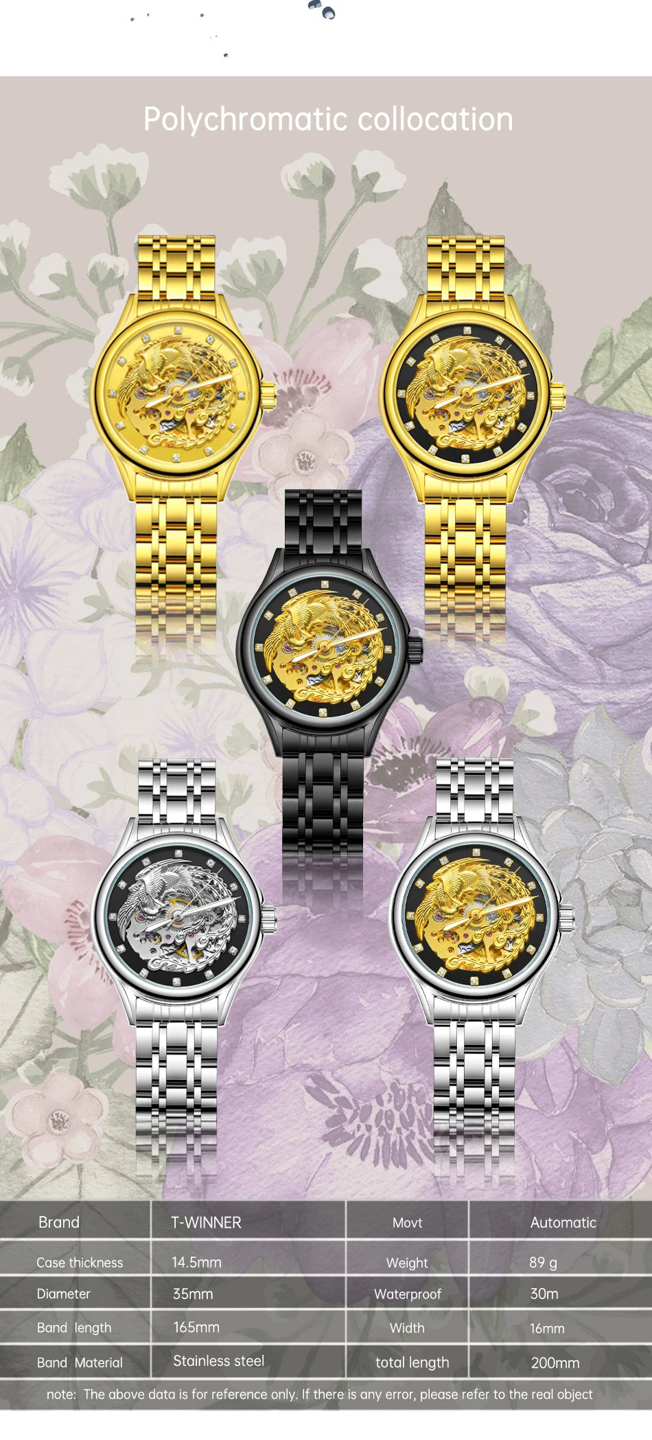 Golden Phoenix Skeleton Dial Automatic Women's Watch Stainless Steel Waterproof Luxury