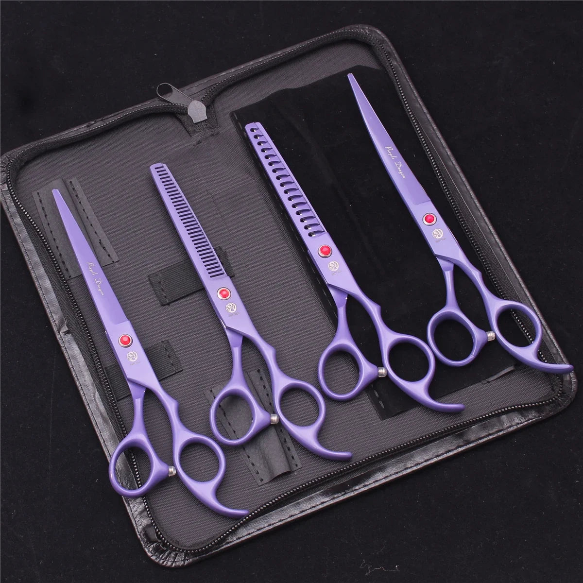 7-Inch (17.8 cm) Japanese 440C Pet Grooming Scissors Set — Straight 7 in, Curved 7 in, Thinning 6.5 in (16.5 cm) for Dog & Cat Grooming with Comb & Hemostatic Forceps