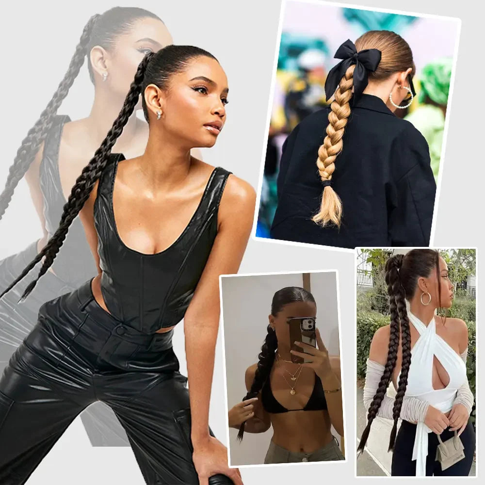24-Inch (61 cm) Synthetic Braided Ponytail Extension for Women, High-Temperature Fiber Black/Brown with Hair Rope