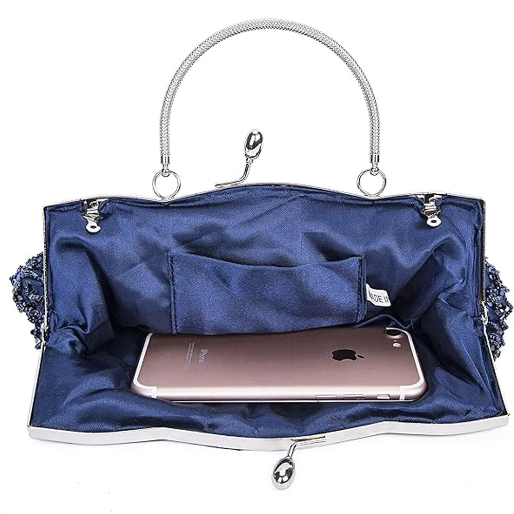 Retro Beaded Evening Clutch - Floral Sequin Wedding Party Handbag with Chain Strap