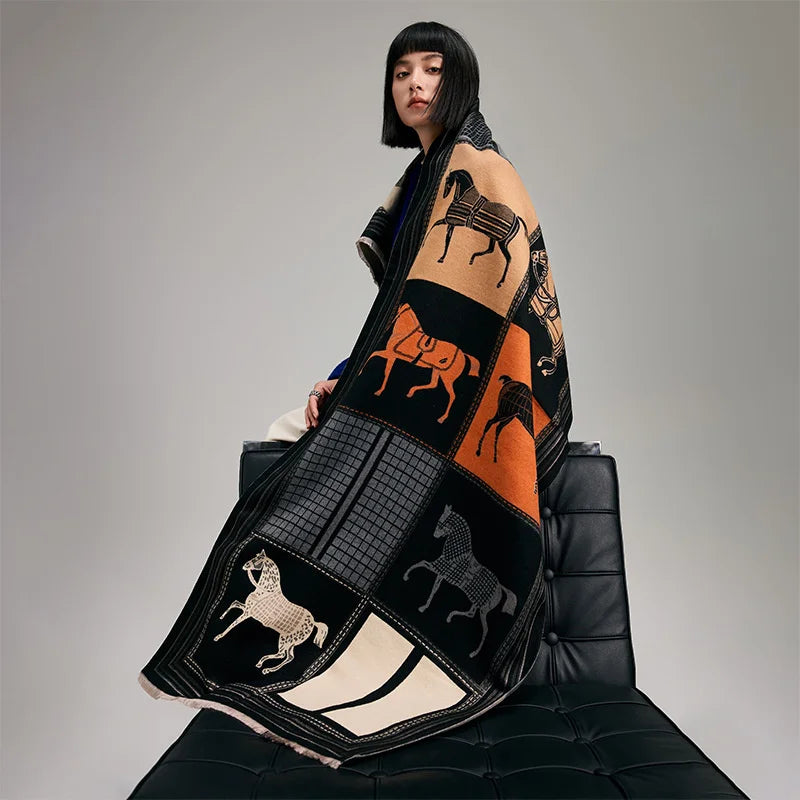 Women's Soft Cashmere Pashmina Scarf 180 x 65 cm (71 x 25.6 in) Plaid Horse Print Tassel Wrap Shawl