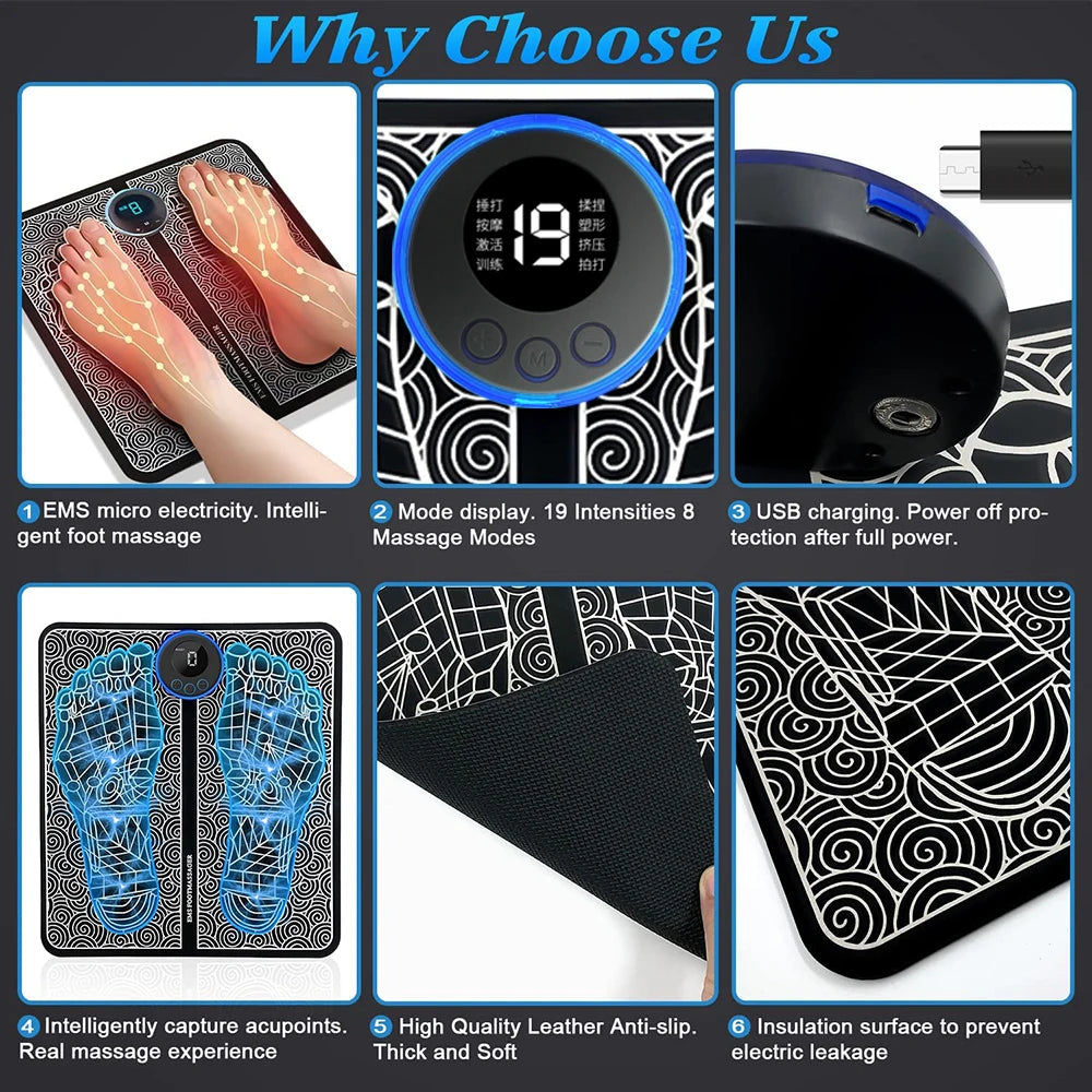 EMS TENS Foot Massager Mat – Foldable Electric Foot Pad, 19 Intensity Levels & 8 Modes for Muscle Stimulation