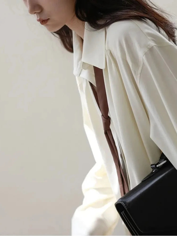 Korean Oversized Button-Up Shirt for Women Minimalist Long Sleeve Solid Blouse