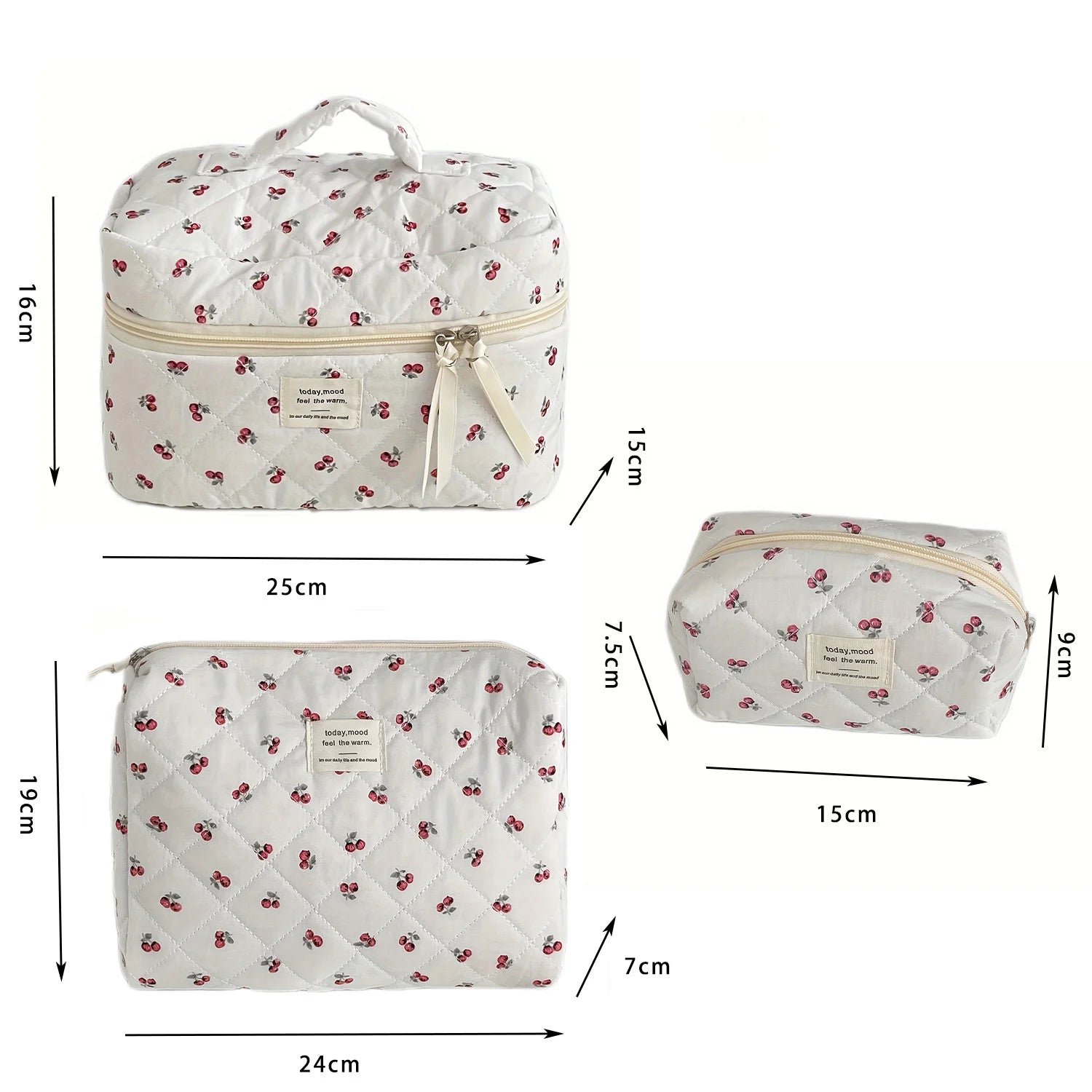 Cherry Quilted Polyester Makeup Bag - Cute Portable Cosmetic Travel Pouch with Zipper