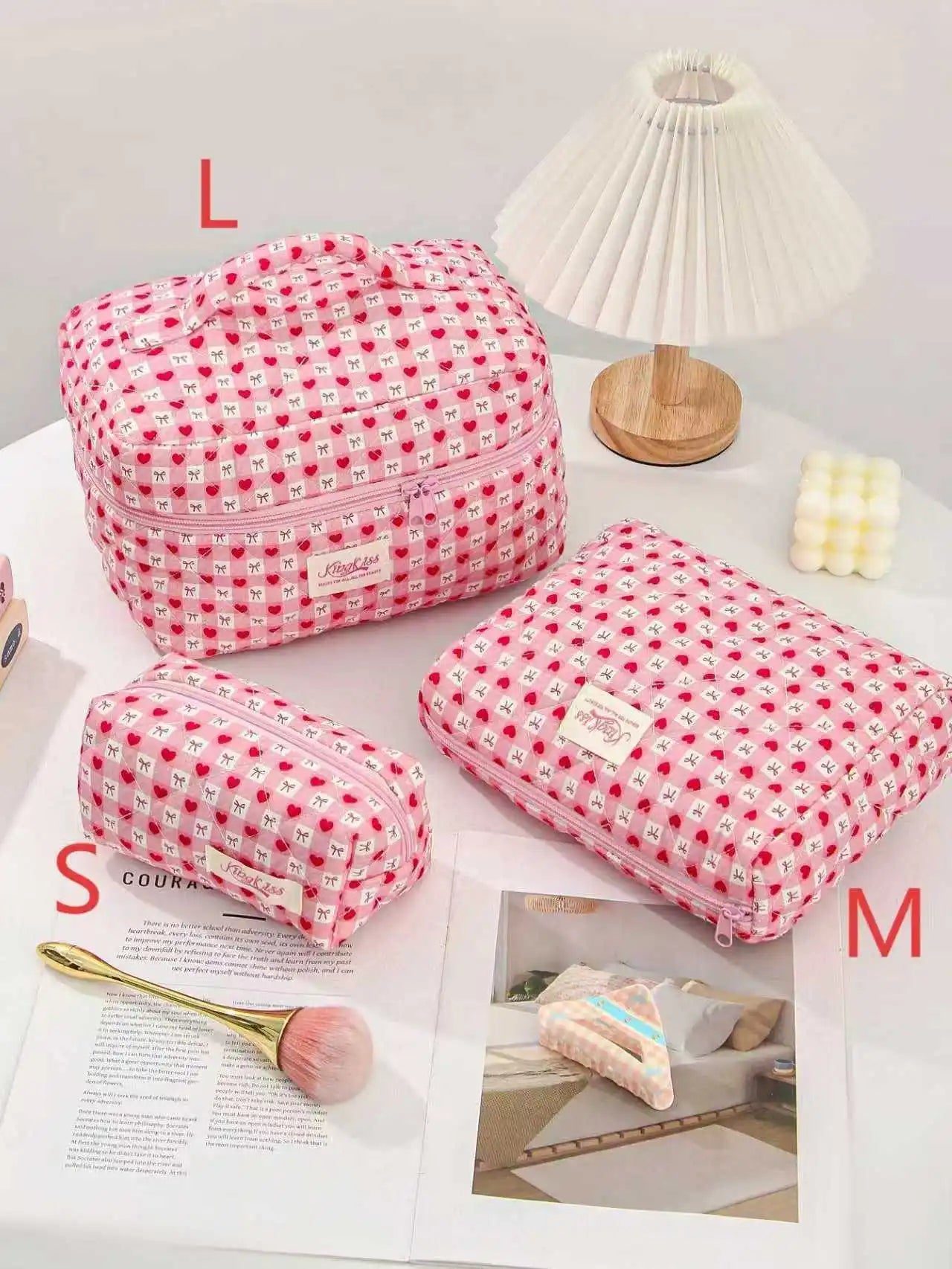 Quilted Cotton Makeup Bag – Zipper Cosmetic Organizer Box-Shaped Toiletry Case for Women & Girls