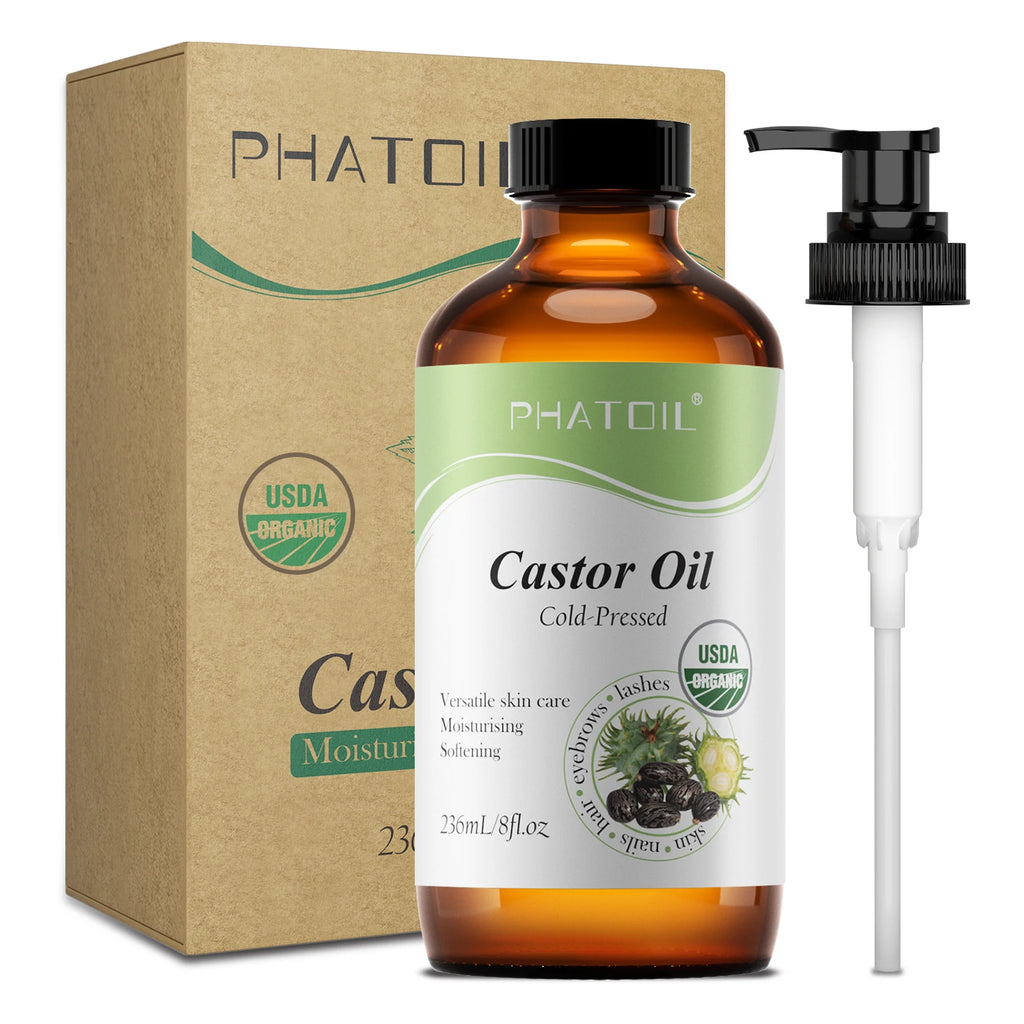 PHATOIL Organic Cold-Pressed Castor Oil 118ml/236ml (4/8 fl oz) - Unrefined for Hair, Eyelash & Nail Growth and Skin Moisturizer