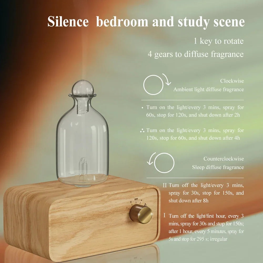 Glass Essential Oil Diffuser with Wood Grain Base — 2600mAh Nebulizer Aromatherapy for Home & Office