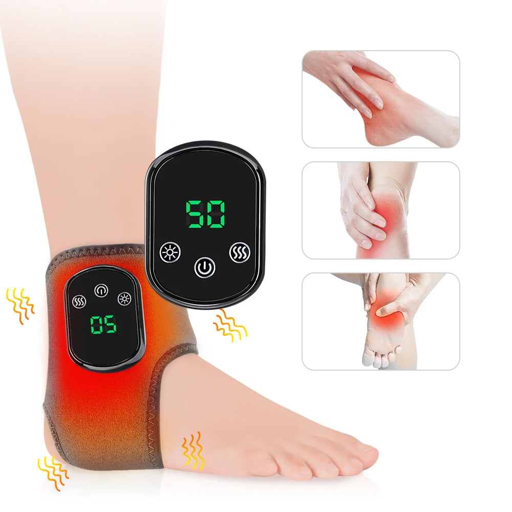 Electric Heated Ankle Brace — Rechargeable Foot Massager with Vibration & 5-Level Infrared Hot Compress (Grey)