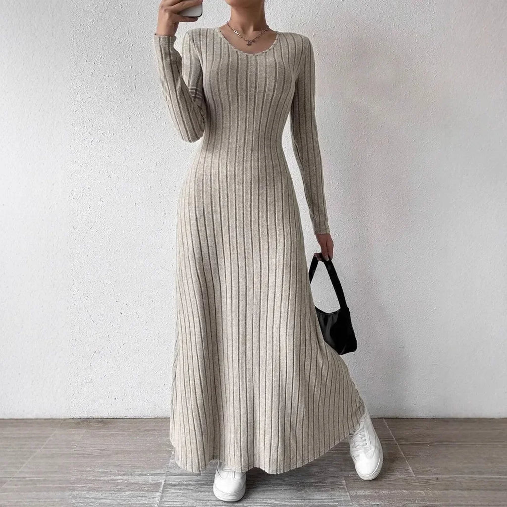 Knitted Long-Sleeve A-Line Dress — Slim Fit Solid Color Ankle-Length Streetwear for Women