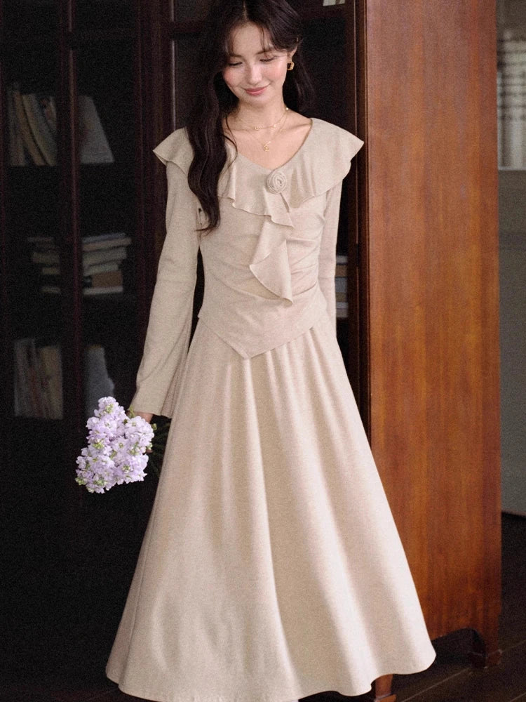 ALXNAN Oatmeal Ruffled V-Neck Knit Midi Dress - Women's Casual A-Line Layered Look