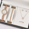 Women's Luxury Quartz Watch & 5-Piece Rhinestone Jewelry Set – Stainless Steel Strap, Bracelet, Necklace, Earrings & Ring