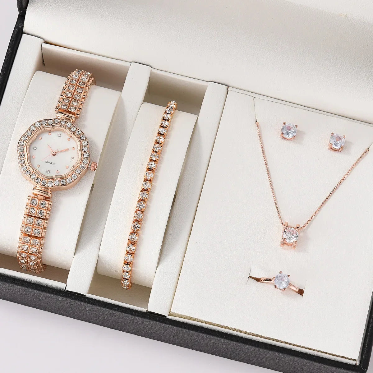 Women's Luxury Quartz Watch & 5-Piece Rhinestone Jewelry Set – Stainless Steel Strap, Bracelet, Necklace, Earrings & Ring