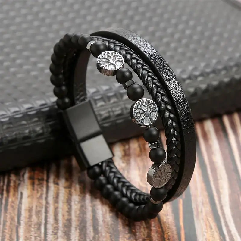 Men's Multi-Layer Woven Leather Bracelet with Alloy Magnetic Buckle - Punk Style, 19/21/23 cm (7.5/8.3/9.1 in)