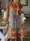 Plus Size V-Neck Pleated Sleeveless Summer Dress - Printed Beach Style (1XL-5XL)