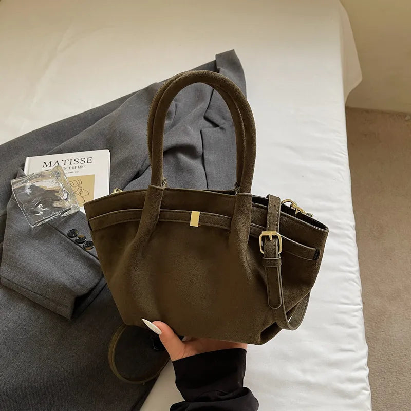 Matte PU Suede Tote Bag for Women – Large Capacity Retro Shoulder & Crossbody with Belt Detail