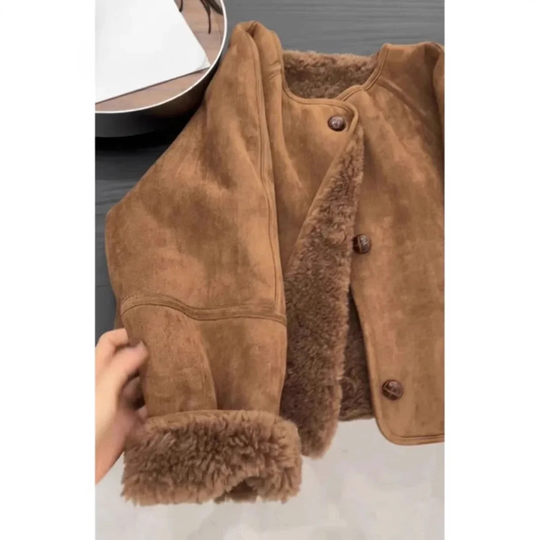 Women's Brown Leather Jacket with Integrated Fur – Thickened Crew Neck Autumn/Winter Coat
